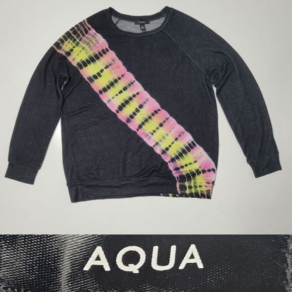 AQUA BLOOMINGDALE'S BLACK STRETCH PINK TIE DYE SWEATER SWEATSHIRT XS SMALL - Picture 1 of 9